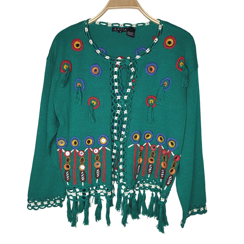 Rafia‎ Embellished Tassel Knit Sweater Teal Green Crochet Lace V-Neck Size M